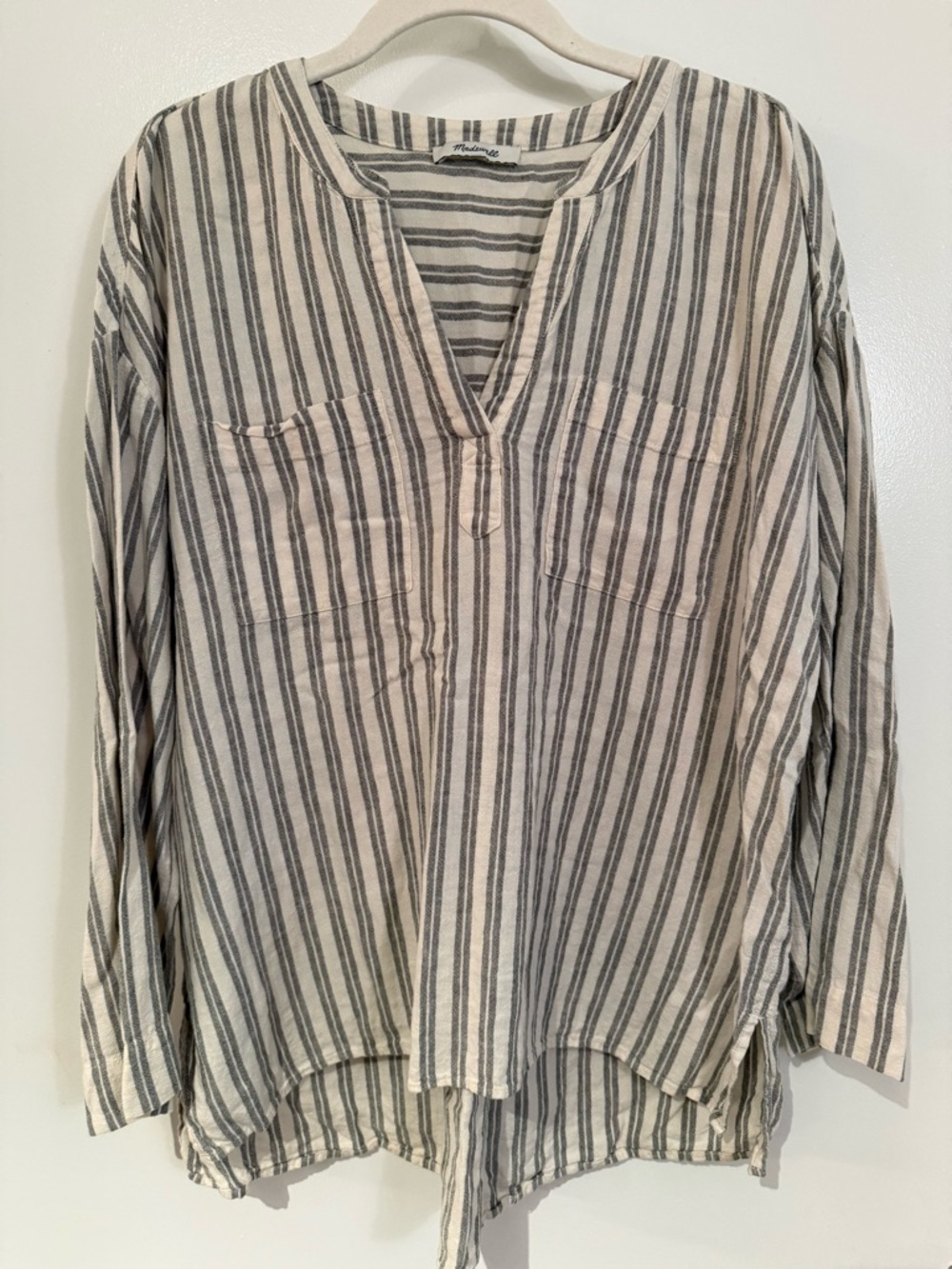 Madewell Cream and Gray Striped V-Neck Blouse